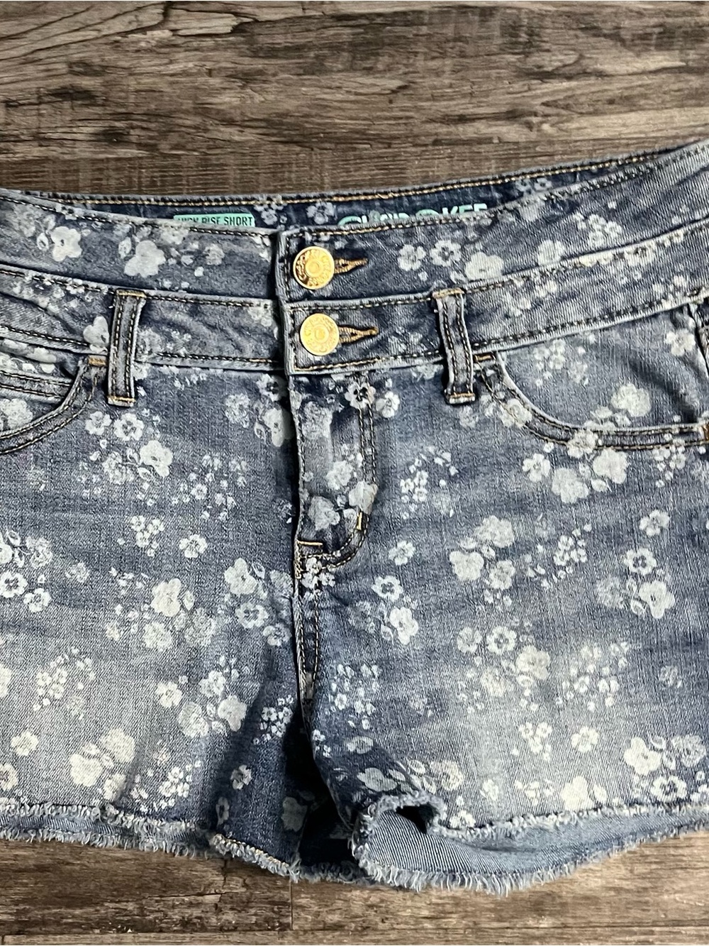 Cherokee Girls Floral Denim Shorts Size L 10/12 High Rise Frayed Hem